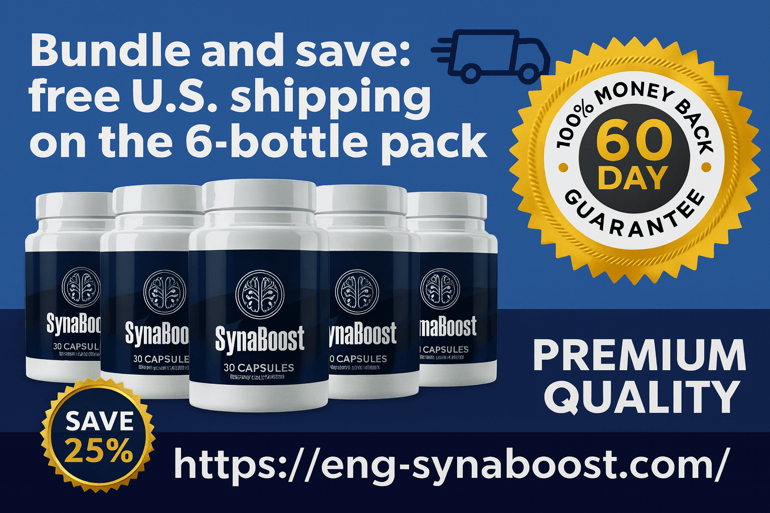 Synaboost 6-bottle bundle pack with free US shipping and 60-day money back guarantee - Save more with bulk cognitive supplement order