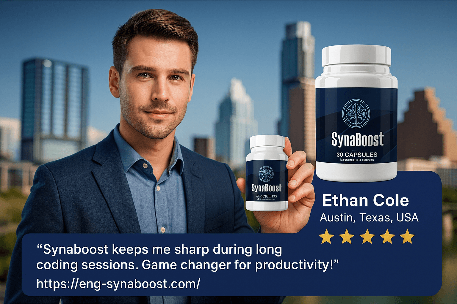 Ethan Cole Austin Texas Synaboost testimonial - Tech professional using cognitive supplement for coding productivity and mental sharpness