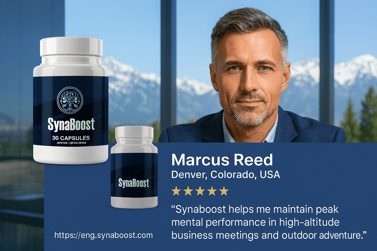 Marcus Reed Denver Colorado Synaboost testimonial - Mature business professional using cognitive supplement for peak mental performance
