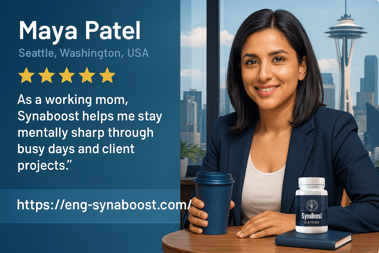Maya Patel Seattle Washington Synaboost testimonial - Working mom professional using brain supplement for mental clarity and focus