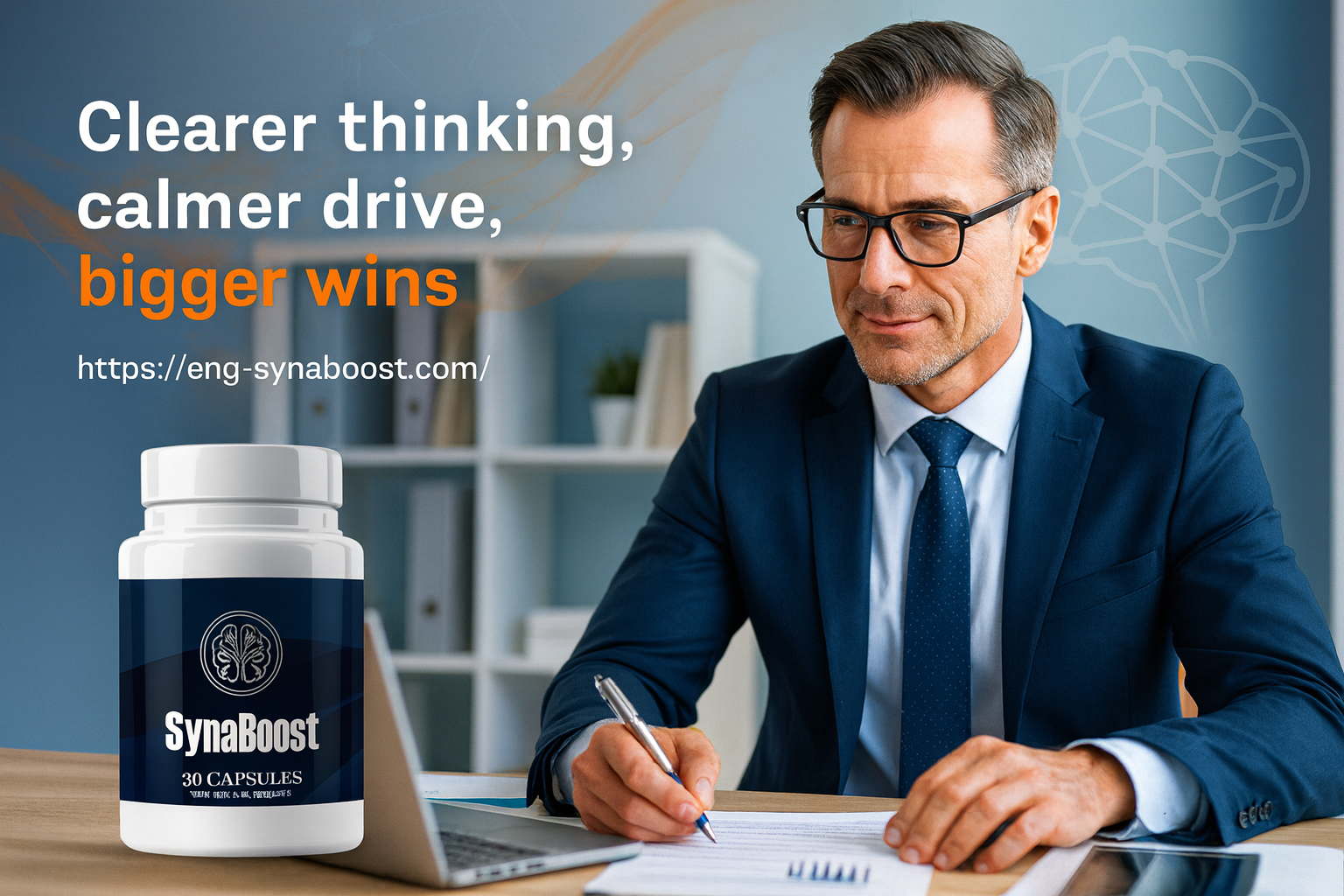 Synaboost brain supplement bottle with successful professional - cognitive enhancement for memory and focus improvement