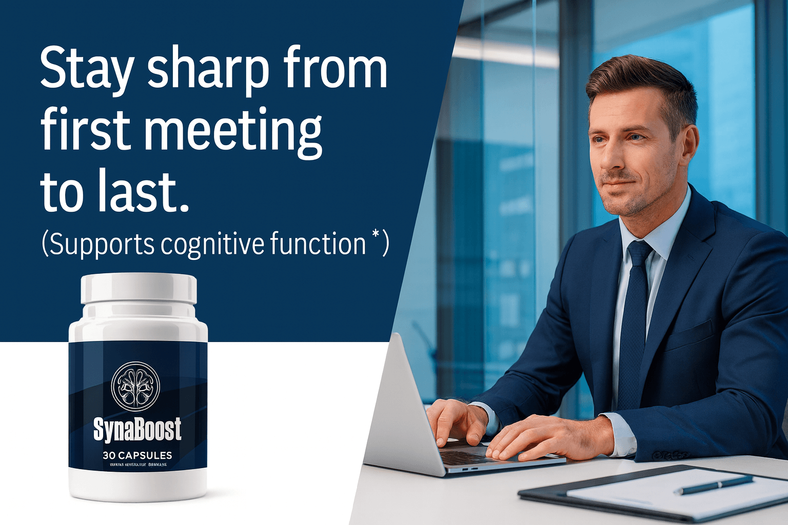 Synaboost for professionals - Stay sharp from first meeting to last - Business executive with cognitive enhancement supplement in modern office