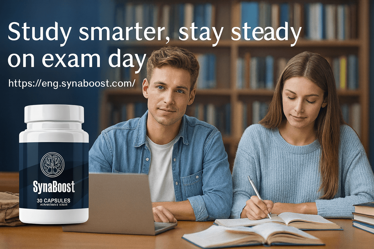 Synaboost for students - Study smarter stay steady on exam day - College students focused studying with cognitive enhancement supplement