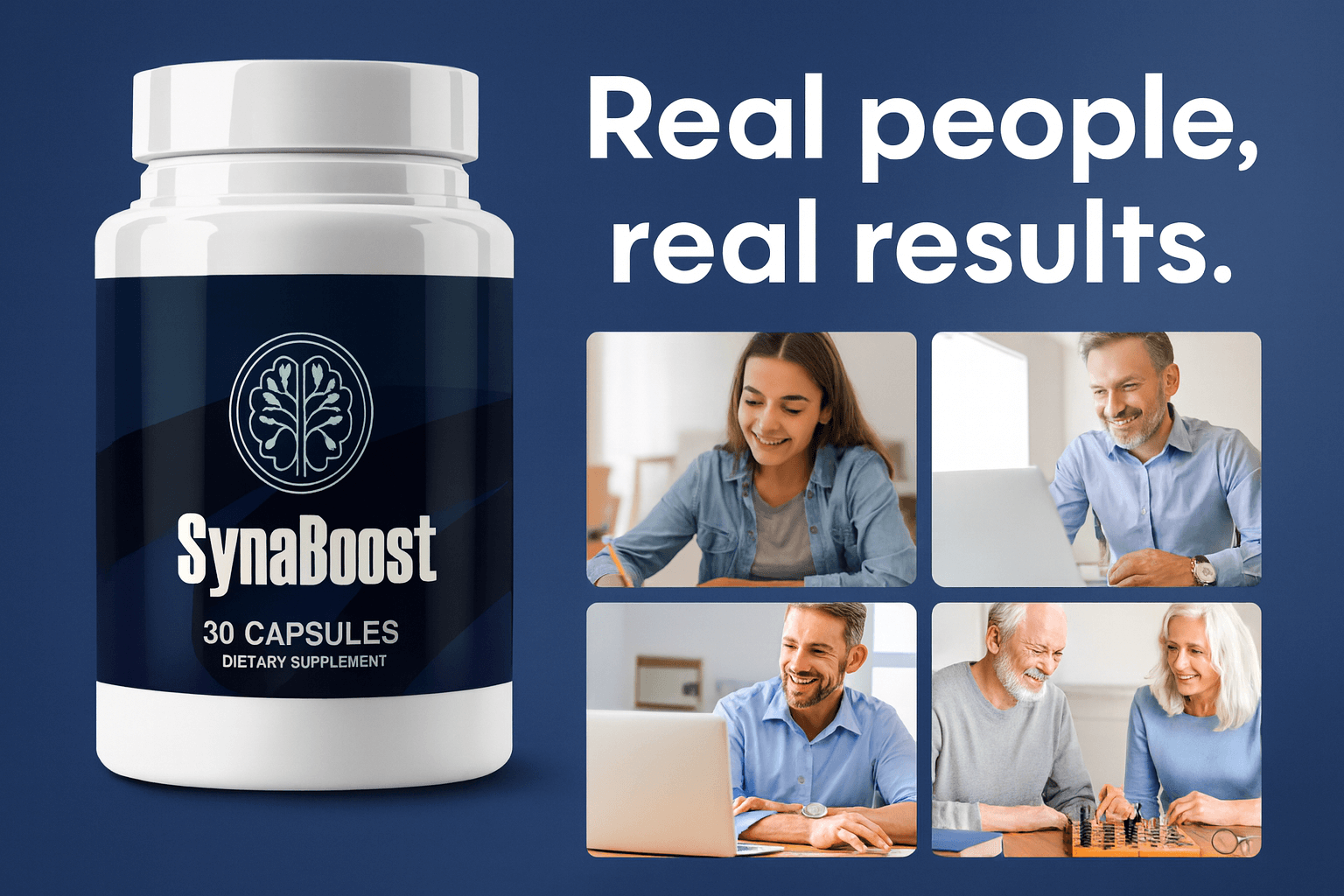 Synaboost real customer results - Diverse people experiencing mental clarity and cognitive improvements - Authentic testimonials and success stories